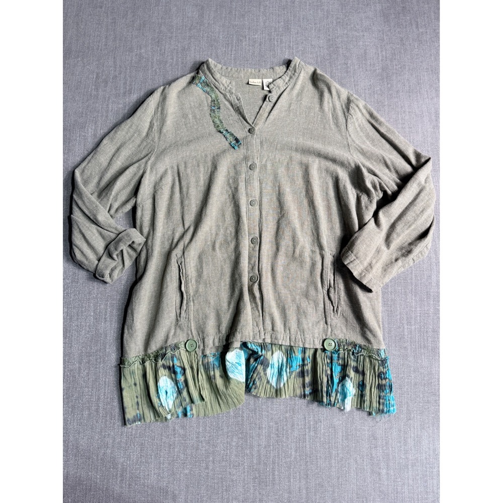 Linden Hill Sage Green Linen Blend Mixed Media Tunic Top 2X Artsy Boho Lagenlook